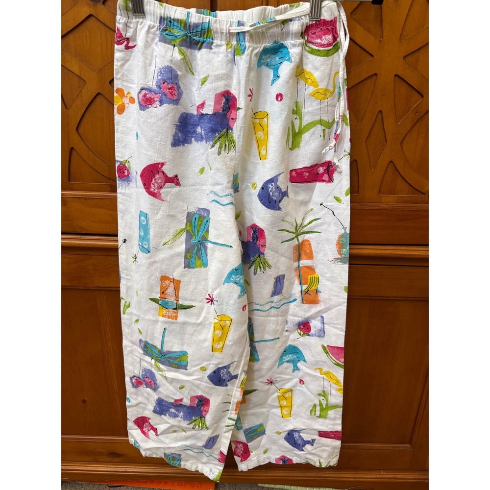 Hot Cotton by Marc Ware Tropical Novelty Print Drawstring Pants White Small